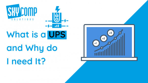A graphic of a UPS with What is a UPS and Why do I need it. On a background of Blue and white with the Skycomp Solutions Logo.