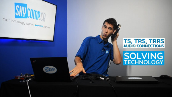 Sebastian from Skycomp solutions pictured listening to headphones with title TS, TRS, TRRS, connections and how to tell the difference.