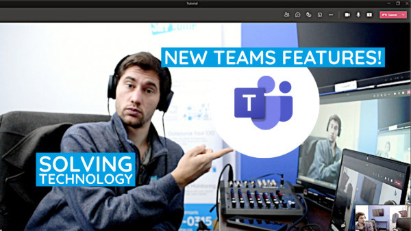 Person by a computer with a teams logo and solving technology in bold text with main title New Teams Features