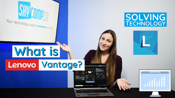 April from Skycomp solutions Inc pictured with a Lenovo Logo with title what is lenovo vantage?