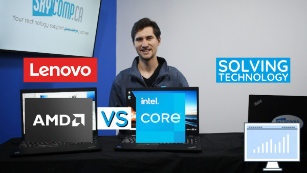 Skycomp Host on camera with AMD VS INTEL in large text - solving technology