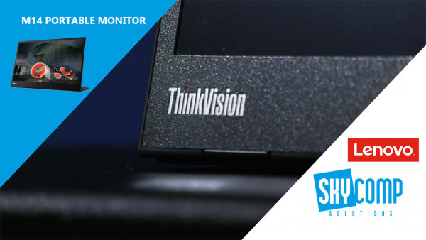 A think vision portable monitor closeup on the logo. Skycomp and Lenovo logos