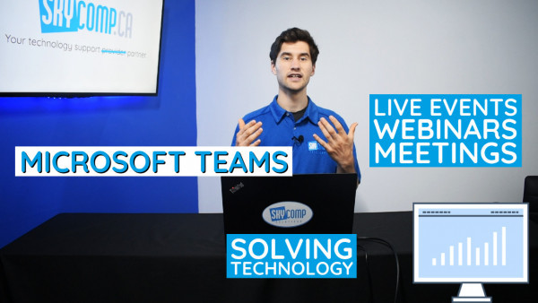 Sebastian from Skycomp Solutions Pictured with a laptop with title Live Events Webinars and Meetings - Microsoft Teams