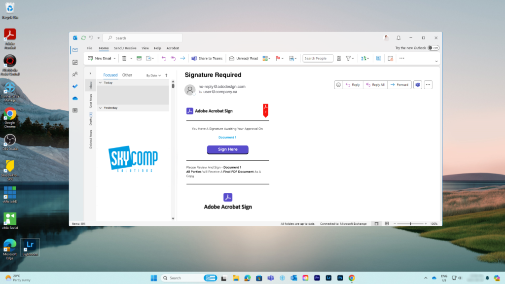 Outlook window showing a 'Signature Required' email with an Adobe Acrobat Sign document and a 'Sign Here' button in the reading pane.