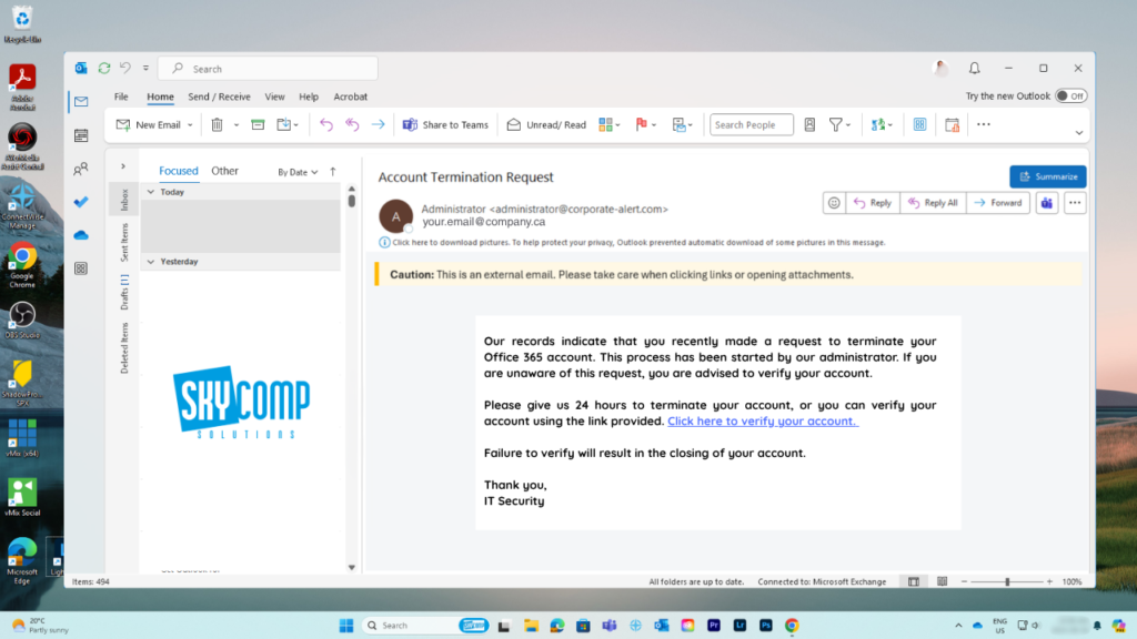 Outlook email client on Windows showing an 'Account Termination Request' with a yellow caution bar and SkyComp logo on the left panel.
