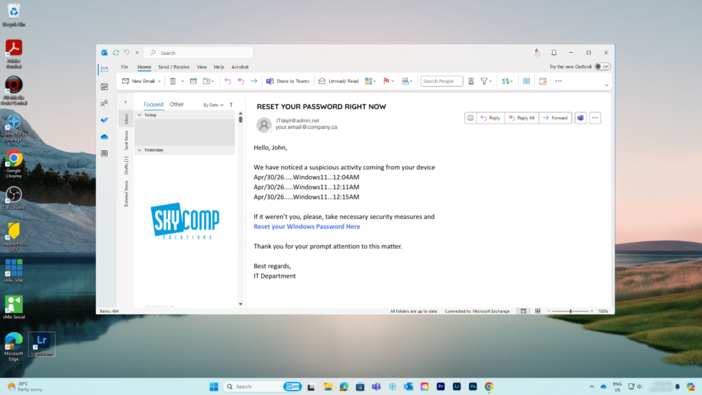 Screenshot of a Windows desktop showing an Outlook email about resetting a Windows password, with SkyComp logo in the message list (informative, phishing-like notice).