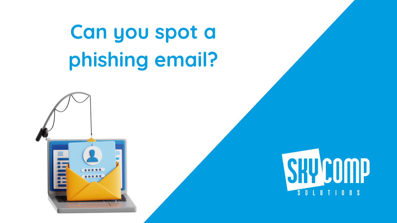 Question graphic: 'Can you spot a phishing email?' with a laptop, envelope, and ID card on a white/blue diagonal background.