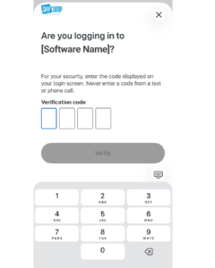 Mobile login screen asking for a four-digit verification code with a numeric keypad and a gray Verify button.