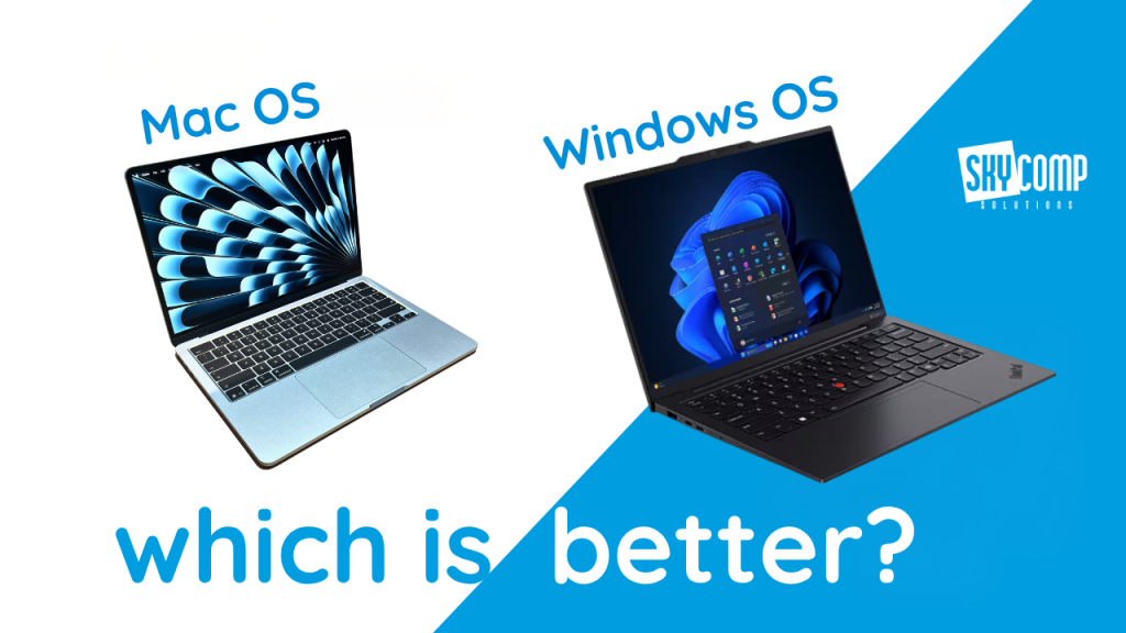 Side-by-side laptops labeled Mac OS (left) and Windows OS (right) on a white and blue diagonal background, with the question 'which is better?'.