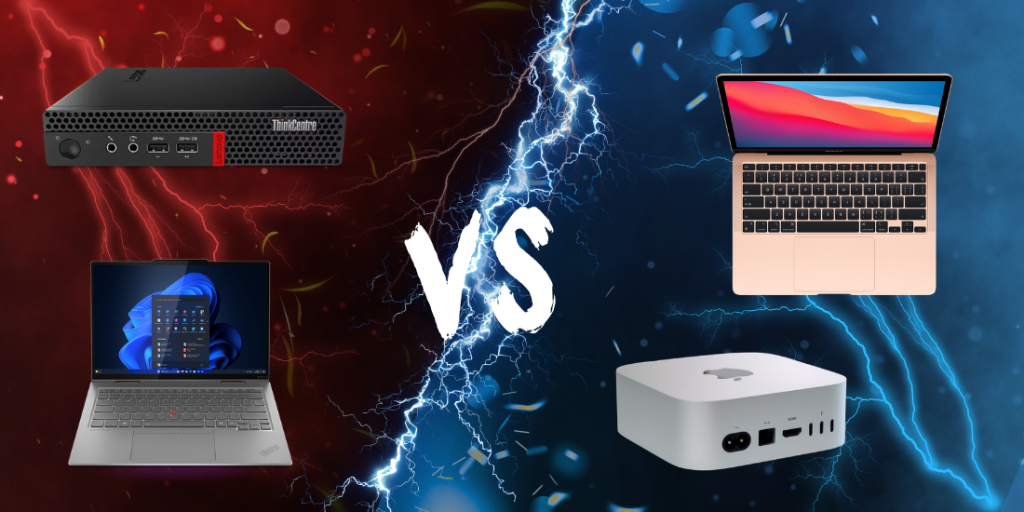 PCs vs Macs: a ThinkCentre desktop and laptop on the red side contrasted with a MacBook and Mac mini on the blue side, a big VS in between.