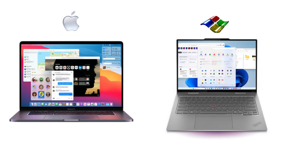 Two laptops side by side: left is a MacBook Pro with Apple logo above, showing macOS apps; right is a Windows laptop (ThinkPad) with Windows logo above, showing Windows UI.