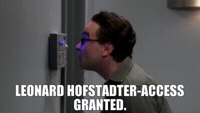 Man leans in to keypad/intercom, bold meme text reads 'LEONARD HOFSTADTER-ACCESS GRANTED'.