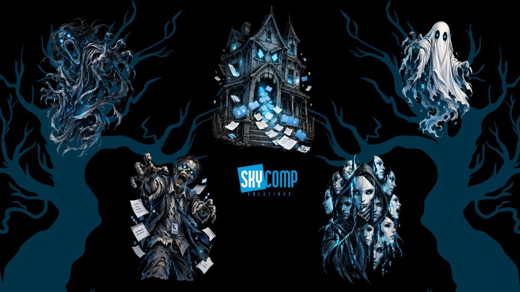 Horror collage: blue-toned haunted mansion center with ghostly figure on right, zombie on left, and SkyComp Solutions logo below.