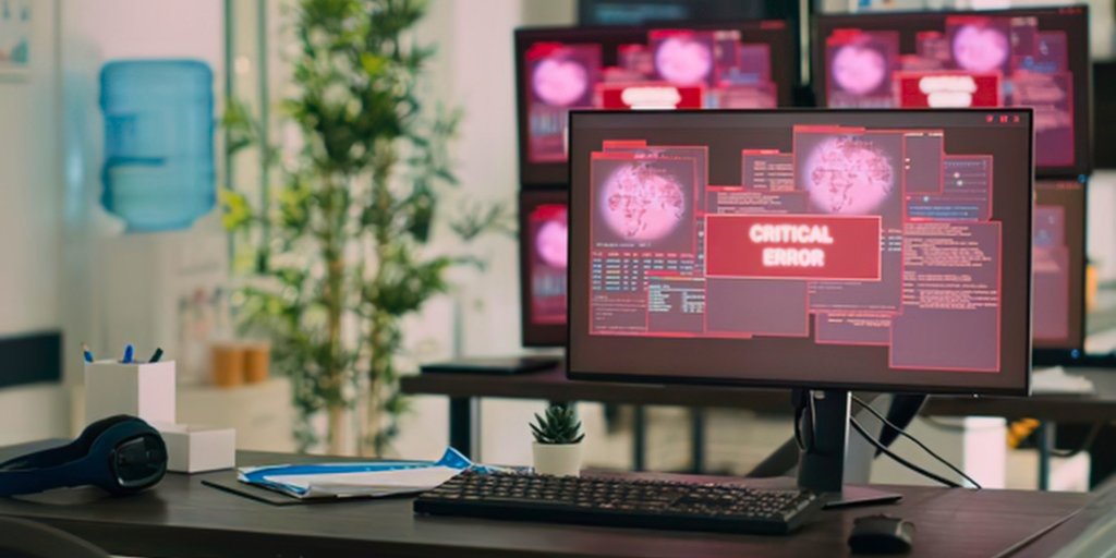 Desktop monitor showing a red 'CRITICAL ERROR' screen with multiple windows; office desk with keyboard, headset, and small plant in foreground