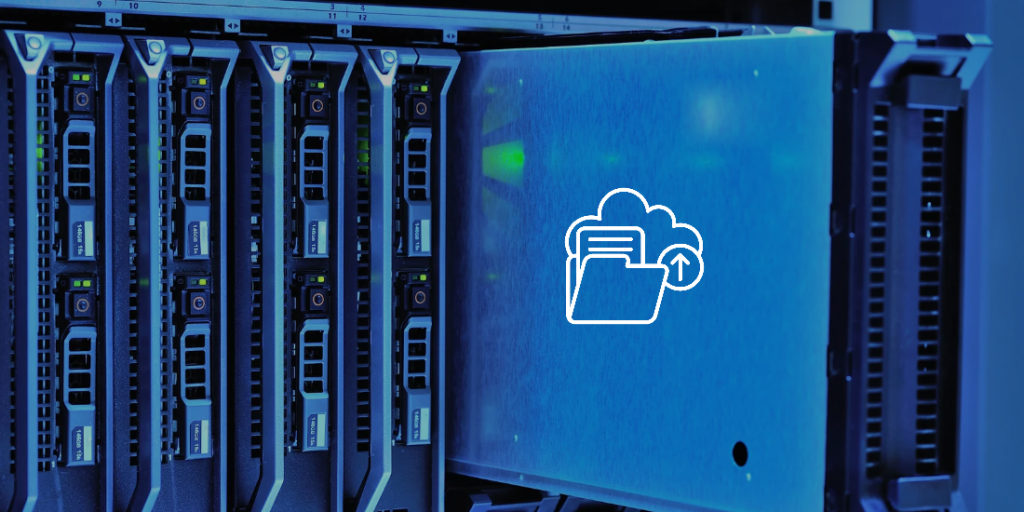 Row of server blades in a data center with a blue tint and a white cloud-and-folder icon indicating cloud backup or storage.