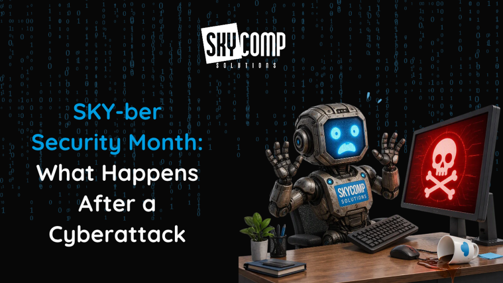 Banner for SkyComp Solutions: Security Month—What Happens After a Cyberattack, with a robot at a desk and a skull on the monitor.