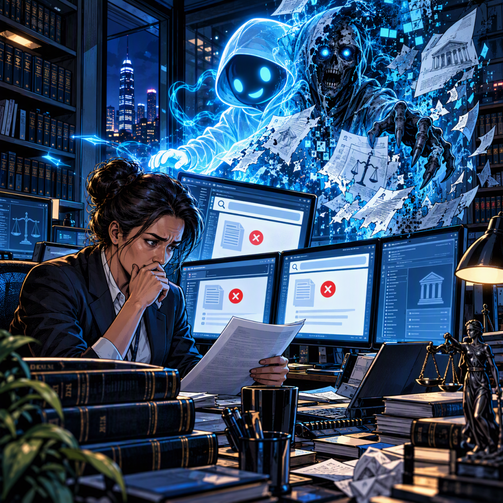 A worried woman in a suit sits at a cluttered desk with multiple monitors displaying errors, as a glowing hooded specter hacks through papers and data behind her.