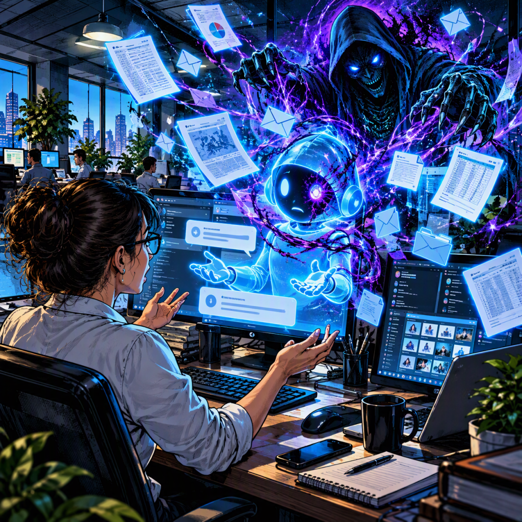 A woman at a workstation reaches toward a glowing holographic figure emerging from a digital portal among floating documents and screens in a futuristic office.