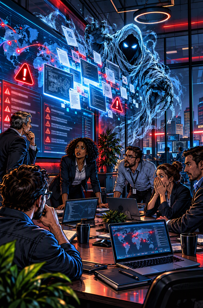 Cybersecurity team in a high-tech command room watches holographic screens with red alerts as a ghostly figure looms above them.