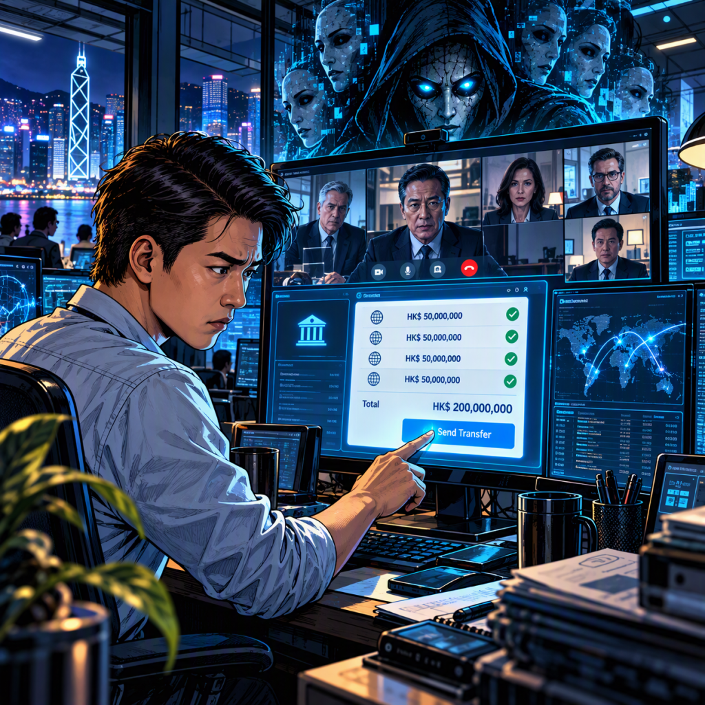 Man in a high-tech control room points at a touchscreen showing a transfer total of HK0,000,000 and a 'Send Transfer' button.